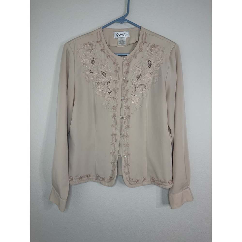 VTG 90s Kathy Che Floral Embroidery Blouse Sz 8 Cream Long Sleeve Career City